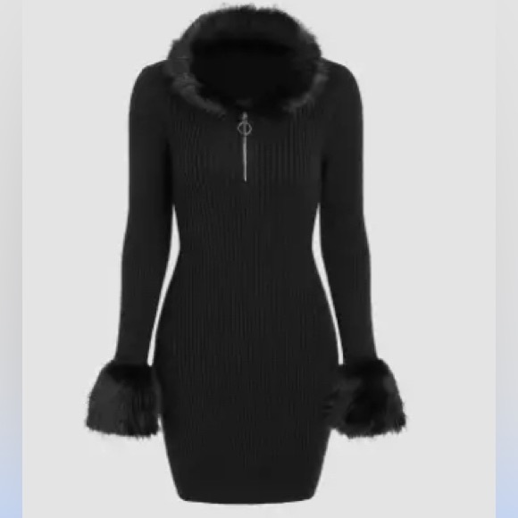 Cider brand faux cheetah print fur lined tight black dress NWT - Picture 3 of 5